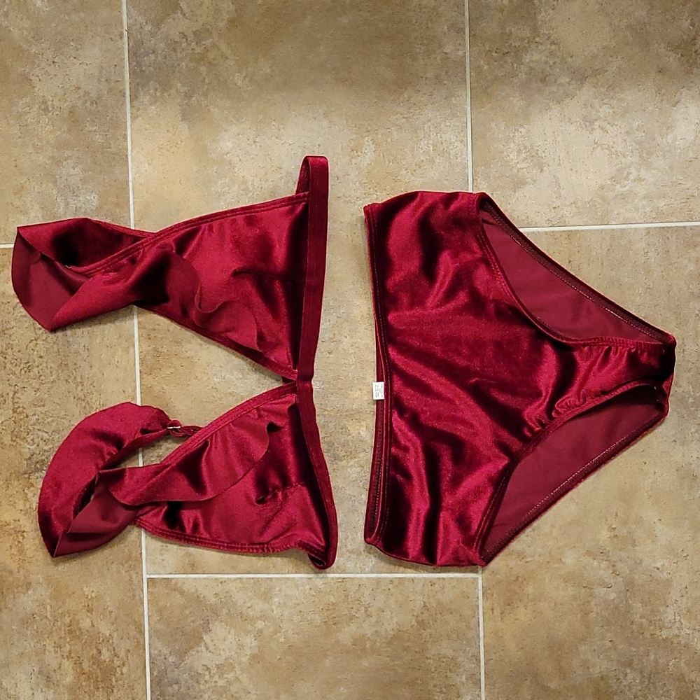 NWOT Shein Red Velvet Ruffle Bikini Set size Small